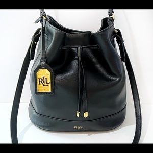 Ralph Lauren Black Textured Leather Bucket Handbag Crossbody Purse